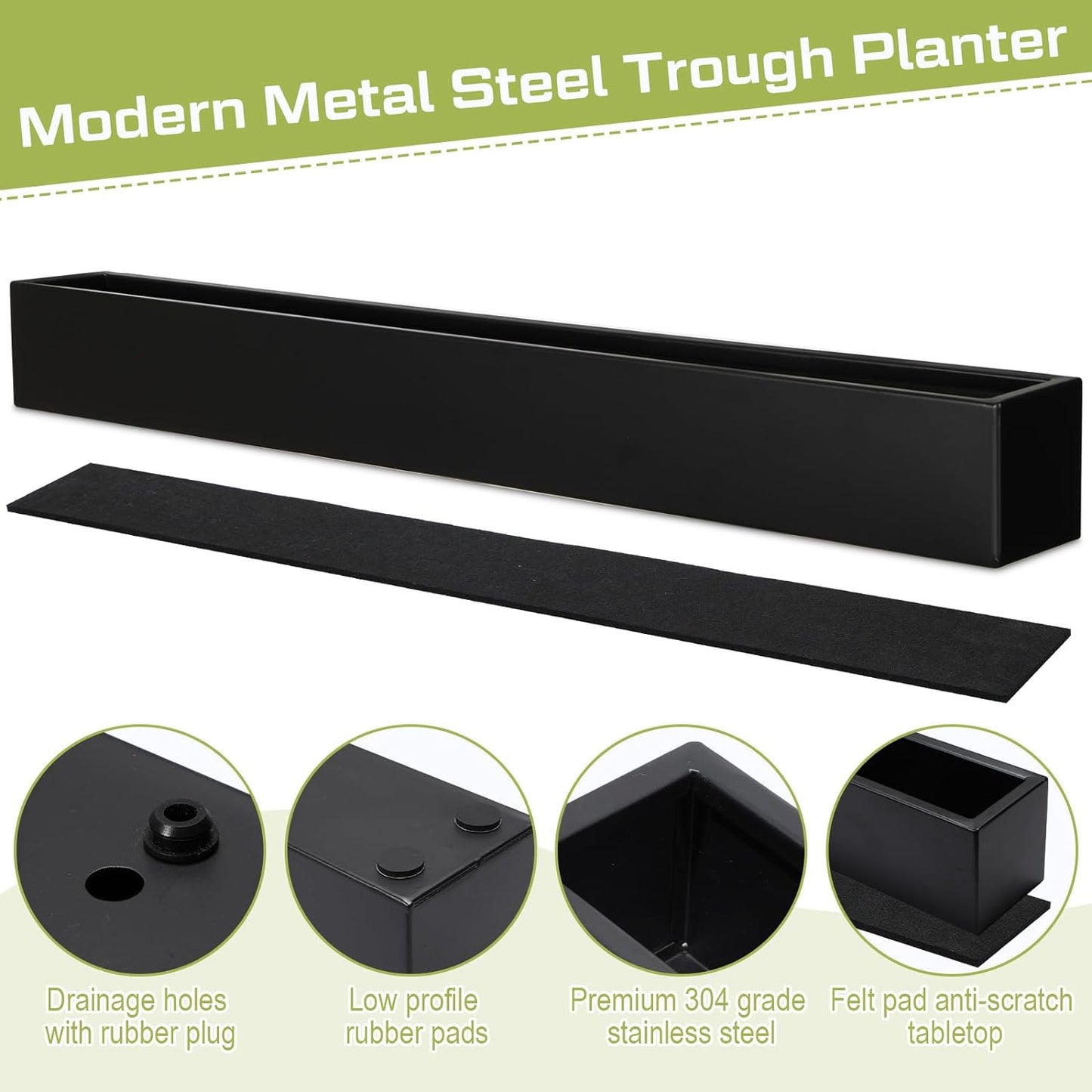 32 x 3.5 x 3.5 Inch Long Rectangular Planter Box Window Sill Plant Box Metal Water Trough Indoor Large Modern Steel with Drainage Holes Herb Garden Home(Black)