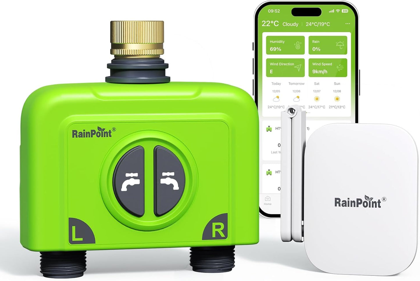 RAINPOINT WiFi Water Timer for Garden Hose, Brass Inlet 2 Zone WiFi Sprinkler Controller, Smart Hose Timer Valve with Antenna Gateway, Automatic Drip Irrigation System/Rain Delay for Garden/Lawn/Yard