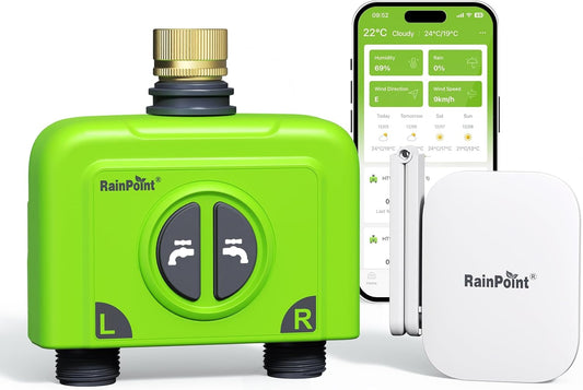 RAINPOINT WiFi Water Timer for Garden Hose, Brass Inlet 2 Zone WiFi Sprinkler Controller, Smart Hose Timer Valve with Antenna Gateway, Automatic Drip Irrigation System/Rain Delay for Garden/Lawn/Yard