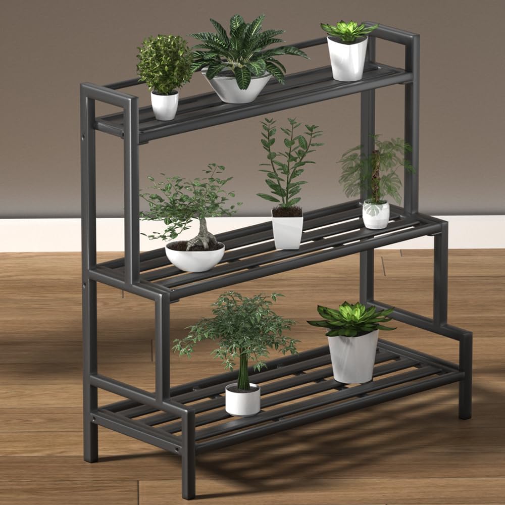 Versatile 3-Tier Metal Plant Stand, Waterproof and Rust-resistant, Heavy-duty Flower Pot Holder for Indoor/Outdoor Use - Adds Elegance to Garden and Home Decor, Black