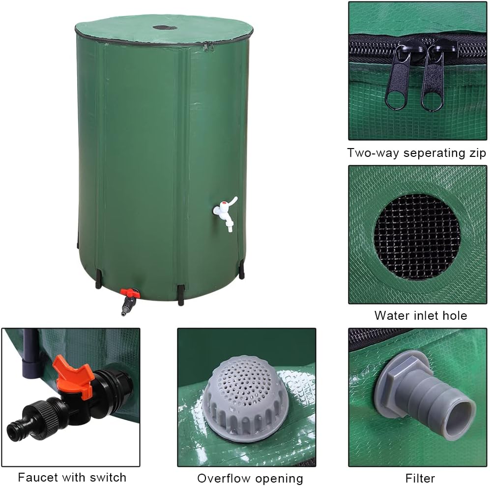 132 Gallon Collapsible Rain Barrel, Portable Rainwater Collection System, Water Storage Tank, Rain Catcher Barrel with Two Spigots and Overflow Kit, Rain Water Barrel Collector for Garden, Green