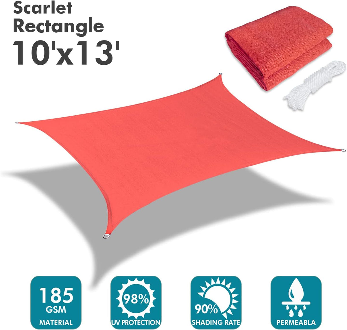 KANAGAWA Sun Shade Sail 10'x13' Scarlet Rectangle UV Block Canopy Awning Shelter Fabric Cloth Screen for Outdoor Patio Garden Backyard