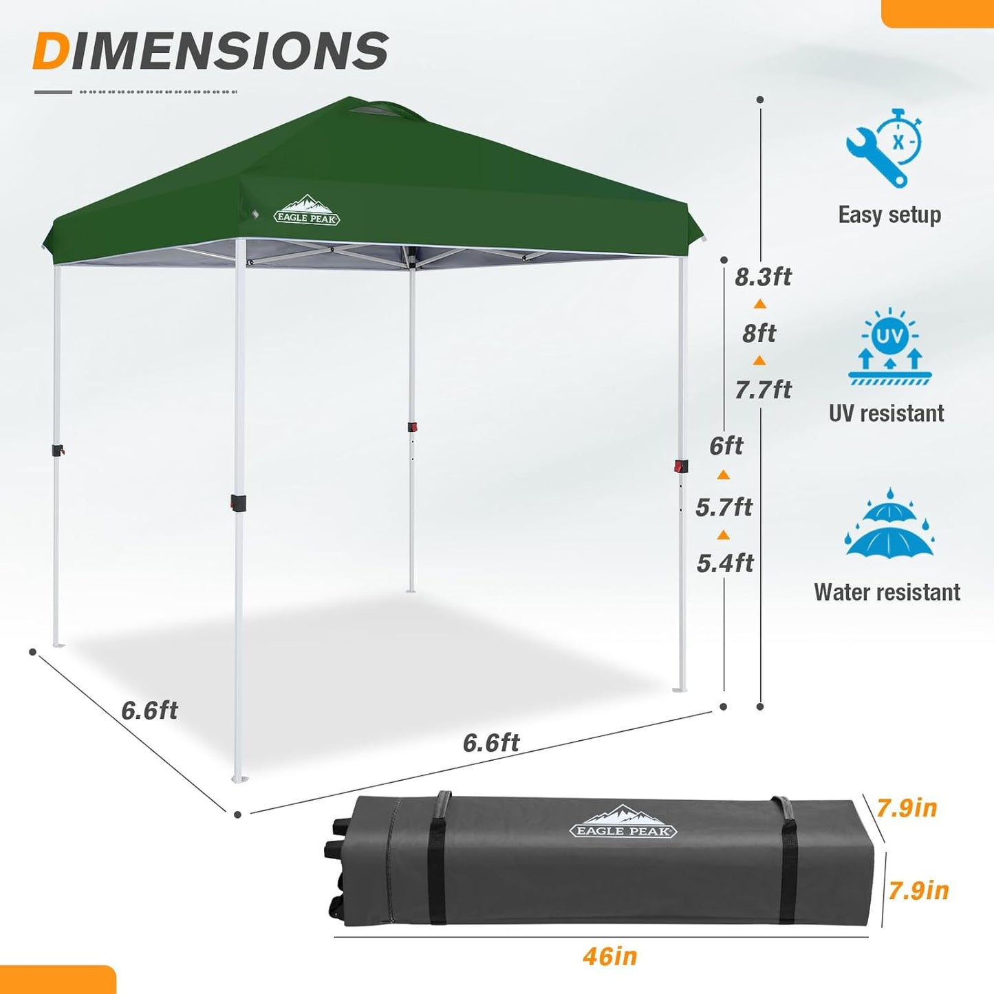 EAGLE PEAK Pop Up Canopy Tent with Wheeled Carry Bag, 8 Stakes, 4 Ropes, Easy Set Up Tent Canopy, 6.6x6.6 ft, Green