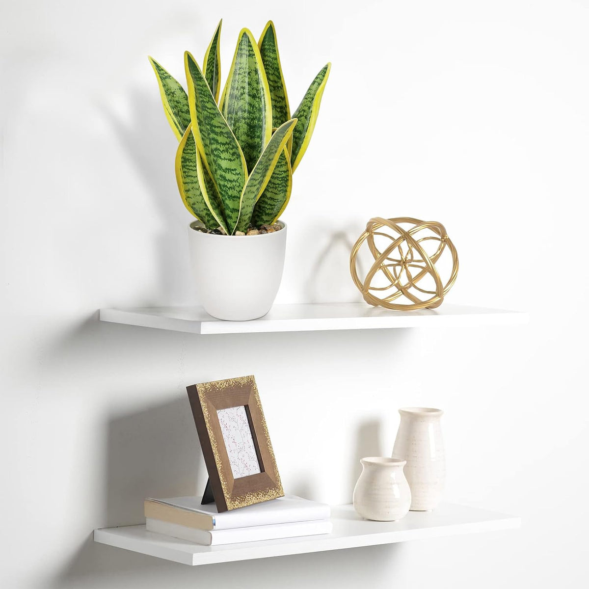 Hollyone Artificial Snake Plant Potted Faux Sansevieria Trifasciata Plants, 13" Tropical Fake Plants in White Pots for Home Office Room Indoor Decor Housewarming Gifts