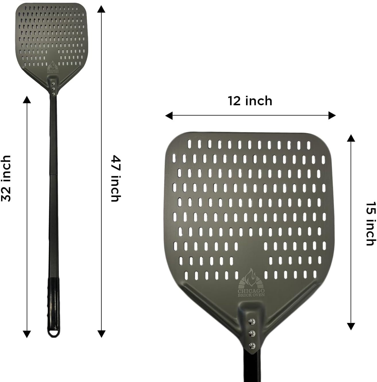 Perforated Pizza Peel - 12"x15" Anodized Aluminum Pizza Steel, 32" Handle, 47" Overall Length - Ideal Pizza Turning Peel for Pizza Oven, Brick Oven, Baking Bread