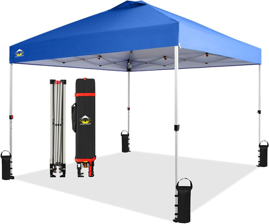 CROWN SHADES 10x10 Pop Up Canopy - Beach Tent with One Push Setup - Easy Outdoor Sun Shade for Events, Parties, Camping - Gazebo with STO-N-Go Cover Bag, Silver Coated Top, Blue