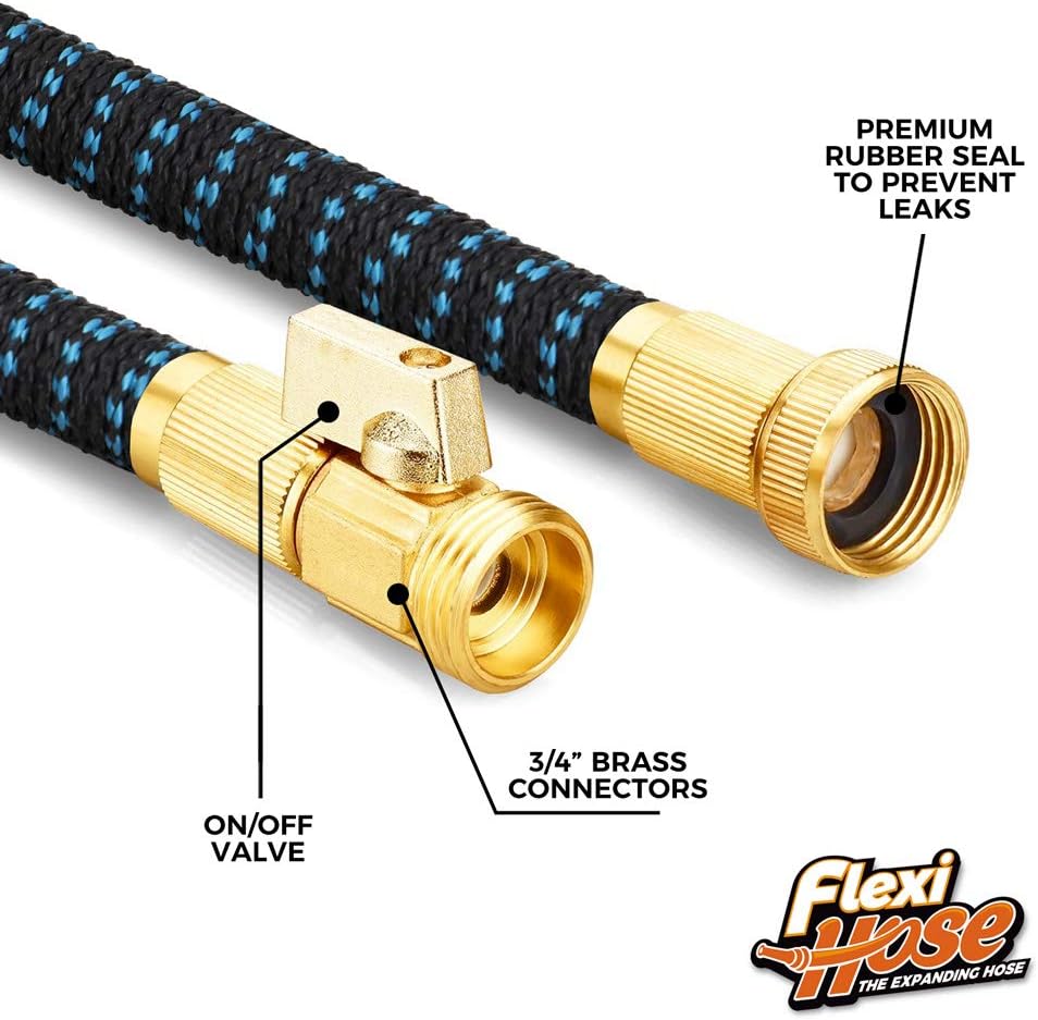 Flexi Hose with 8 Function Nozzle, 75FT - Lightweight Expandable Garden Hose, No-Kink Flexibility, 3/4 Inch Solid Brass Fittings and Double Latex Core