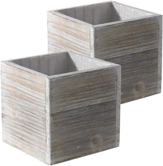 Wooden Planter Box, Rustic Barn Whitewash with Plastic Liner l Garden Decor l Restaurant and Wedding Decorations l Wedding Bouquets, Table Centerpiece (6x6 Set of 2, Whitewash)