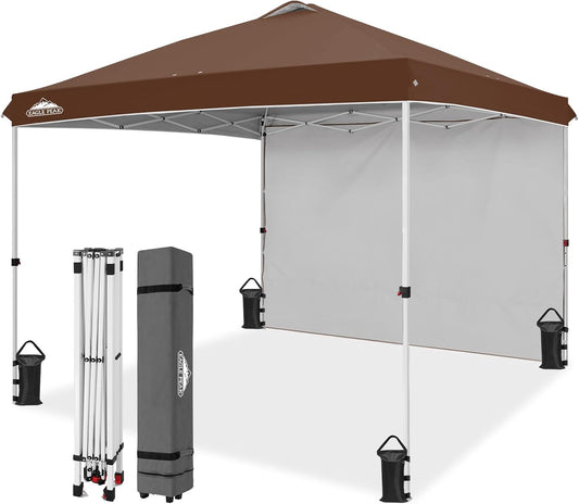 EAGLE PEAK Pop Up Canopy Tent with 1 Sidewall, Easy Setup Event Tent, Outdoor Sun Shade, Wheeled Carry Bag, Stakes and Guy Ropes, Instant Canopy 10x10, Dark Brown