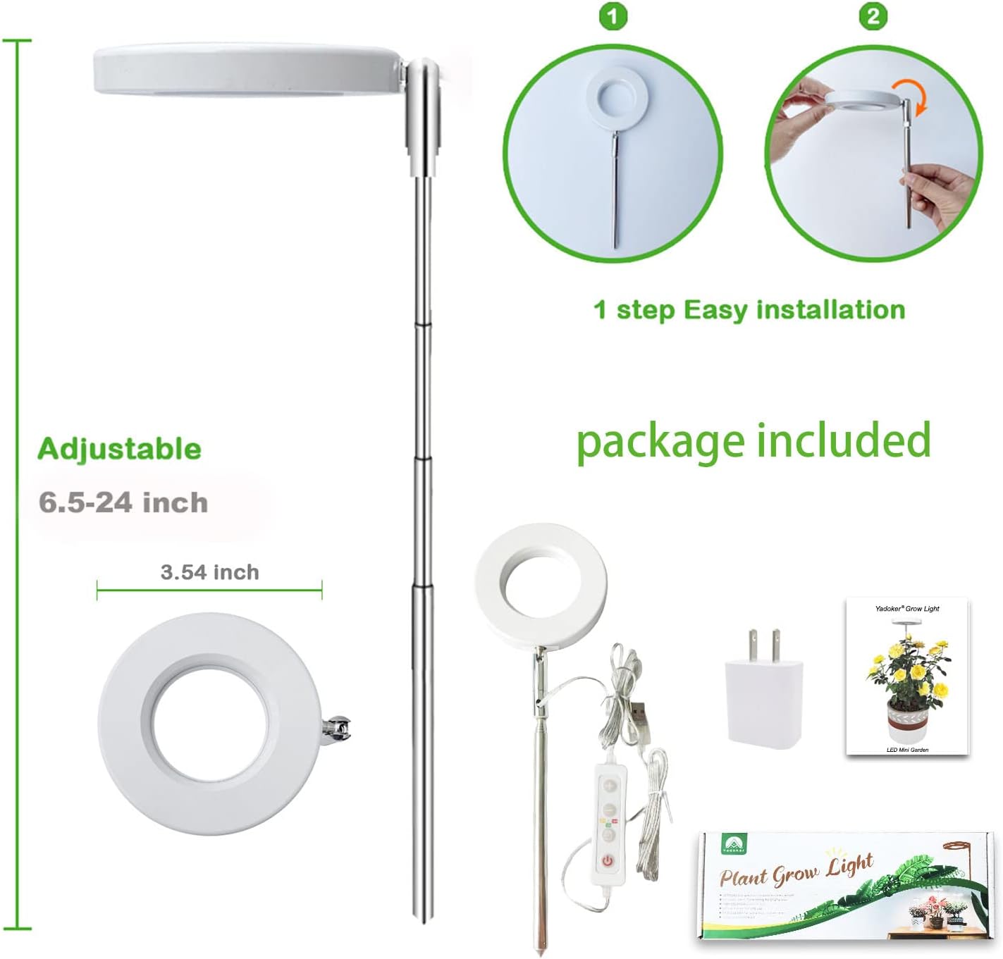 yadoker Plant Grow Light, LED Growing Light Full Spectrum for Indoor Plants,Height Adjustable, Automatic Timer, 5V Low Safe Voltage,Idea for Small Plant Light
