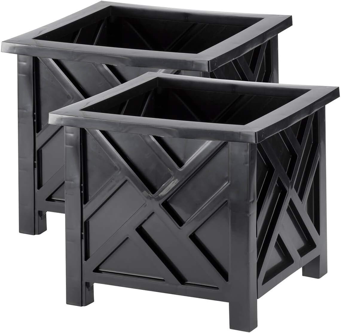 Miles Kimball Set of 2 Chippendale Planter Boxes, Black, Outdoor Décor – Plant Holder for Garden, Patio and Lawn, Weather-Resistant Polypropylene – 14 ¾” sq. x 13 ¼ H Overall