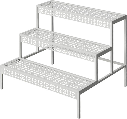 aboxoo 3 Tiers Metal Plant Stand,Rectangular Ladder Flower Pots Outdoor Plant Rack, Indoor Plant Display Rack, Heavy Duty Utility Storage Organizer for Home Garden Patio Balcony, Stair Style(White)