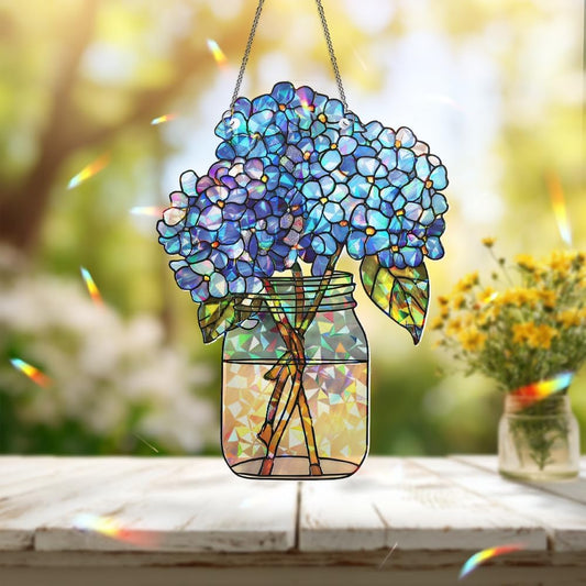 Hydrangea Flower Stained Glass Suncatcher – Acrylic Window Ornament, Sun Catchers Indoor Window Decor for Kitchen and Garden Gift, Housewarming Xmas Gift for Mom, Nana, Grandma
