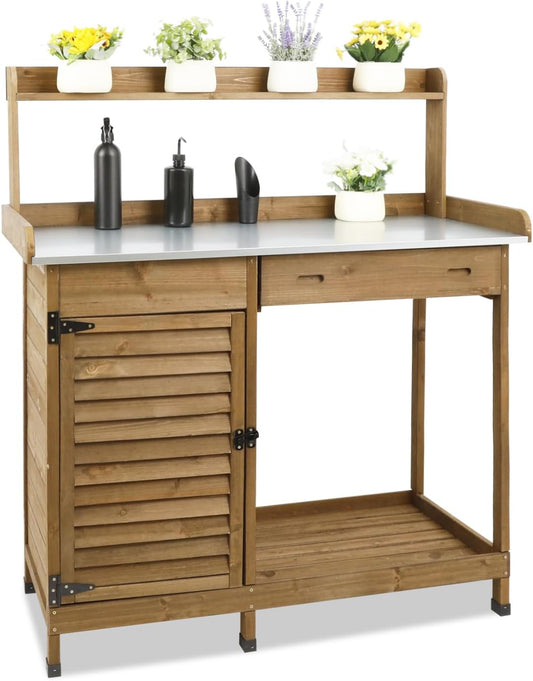 Garden Potting Benche Table Outdoor Wooden Work Station W/Metal Table top,Cabinet,Drawer,Large Bottom Shelf,Open Shelf Natural Wood-Brown-Brown