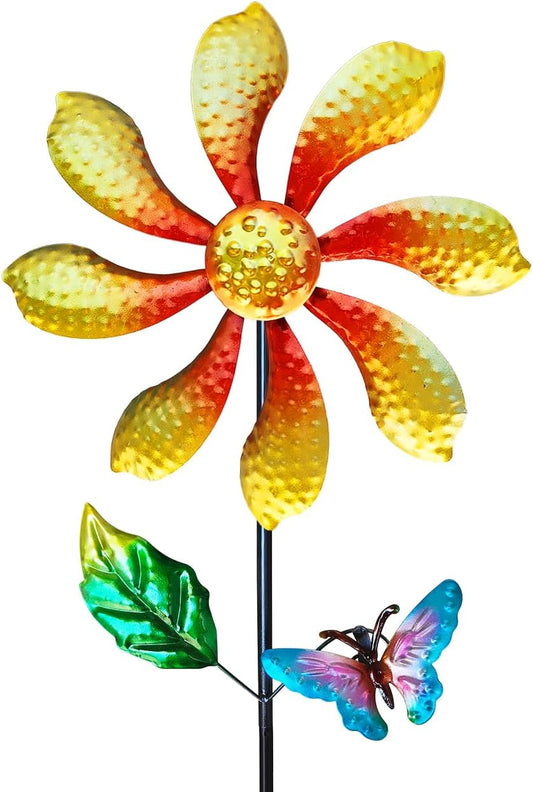 Metal Outdoor Flower Wind Spinner with Yellow Floral & Blue Butterfly, Decorative Kinetic Wind Sculpture for Yard, Garden, Patio, Lawn - Vibrant Garden Art & Lawn Ornament for Outdoor Decor