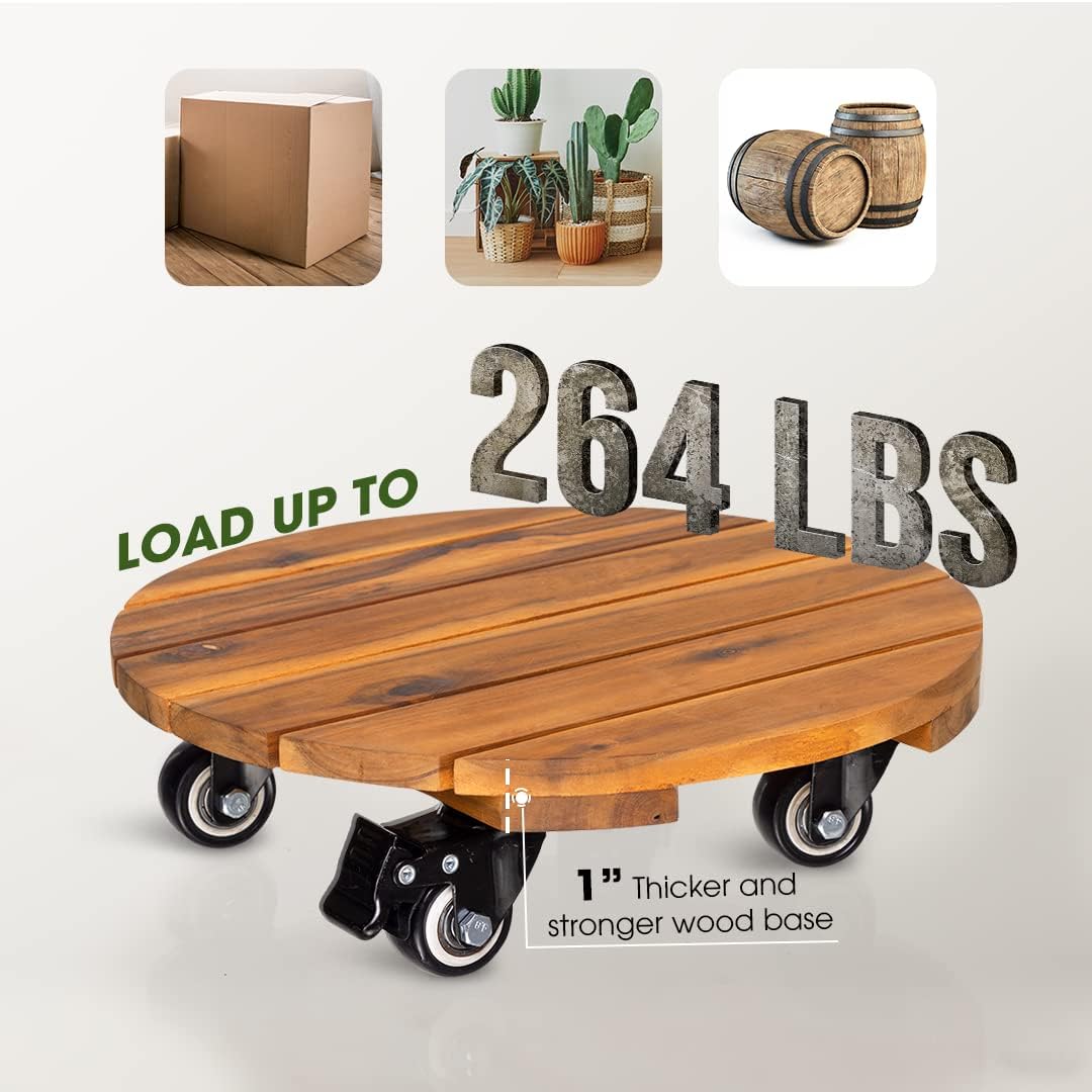 Idzo 2-Pack 14 Inch Acacia Wood Rolling Round Plant Caddy, Plant Caster for Heavy Duty Plant Stand with 360° Lockable Wheels, 264 lbs Capacity Caddy for Indoor and Outdoor Use, Natural Wood