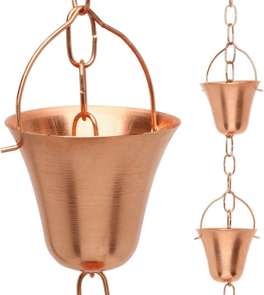 Copper Rain Chain – Decorative Chimes & Cups Replace Gutter Downspout & Divert Water Away from Home for Stunning Fountain Display – 3’ Long for Universal Fit – Bell Style