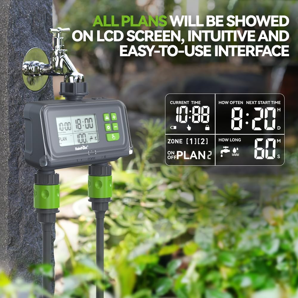 RAINPOINT 2 Zone Smart Water Timer for Garden Hoses - Lawn Sprinkler Timers with Up to 3 Preset Programs, Rain Delay Sensor, Smart Water Hose Timers, Drip Irrigation Timer for Garden Watering System