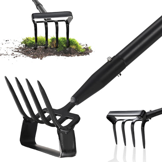 Stirrup Hoe, Heavy Duty Hula Hoe with 32-72" Adjustable Long Handle, 2 in 1 Action Hoe with Cultivator Rake, Scuffle Hoe, Hula Hoe Garden Tool for Weeding Grass, Loosening Soil, Sharp Blade, Black