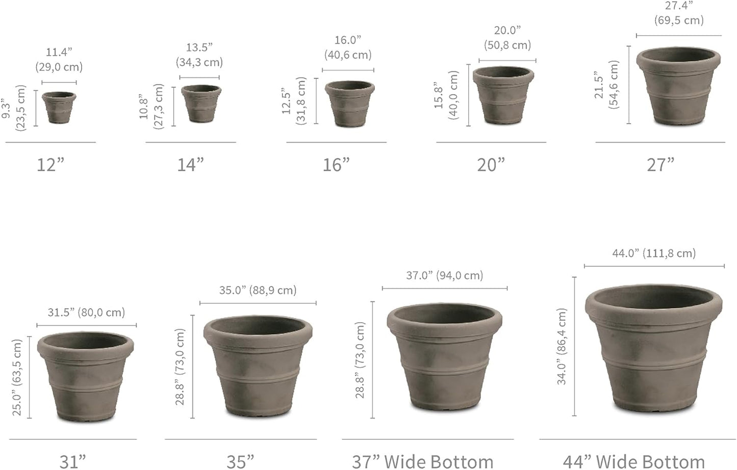 Crescent Garden Brunello Classic Rolled Rim Planter Pot, Indoor/Outdoor Weather-Safe Round Plant Pot, 16'' (Weathered Concrete)