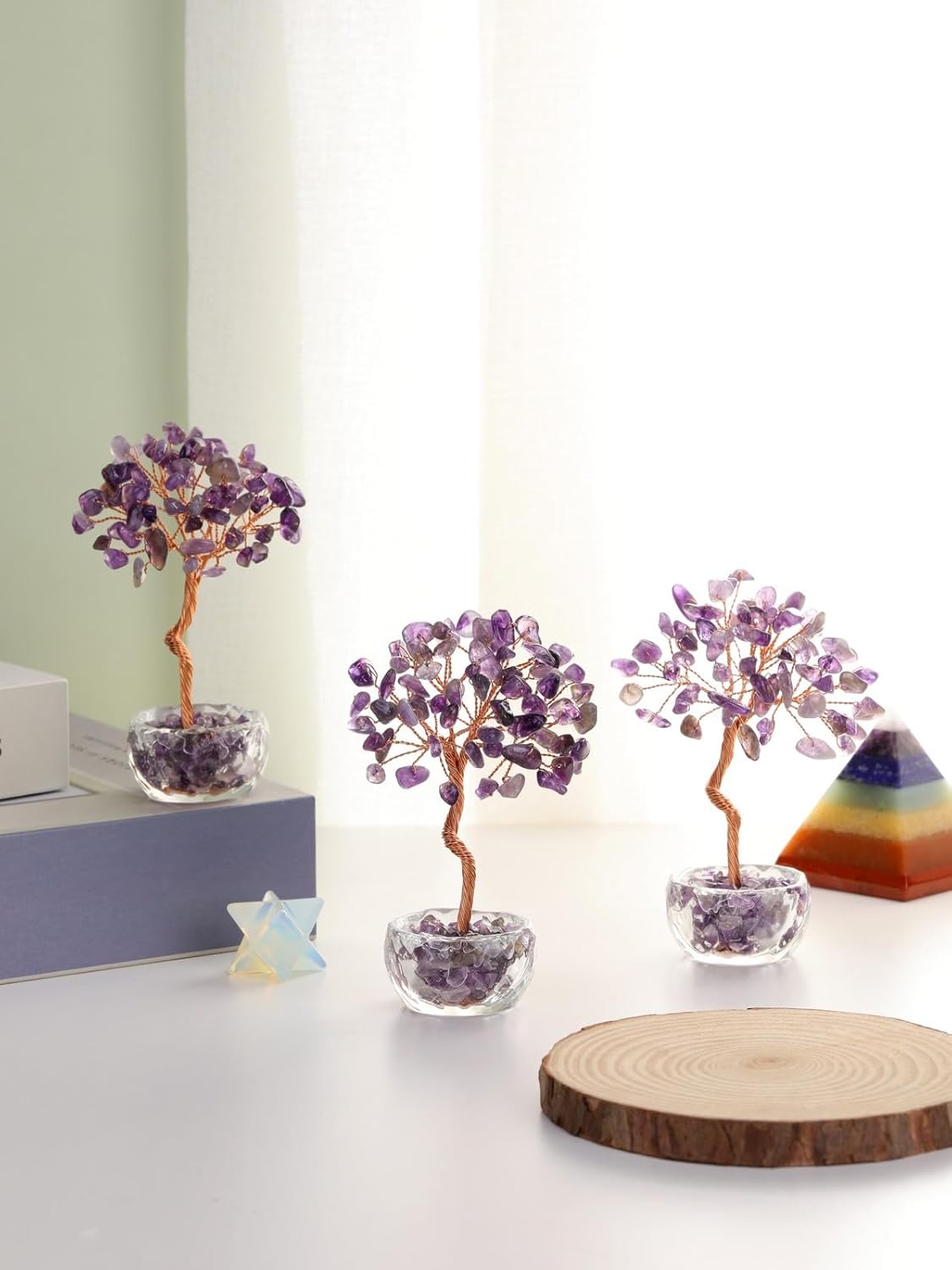 Jovivi Small Amethyst Crystals Tree, Natural Crystal Healing Stones Tree Glass Bowl Base Gemstone Money Trees Feng Shui Good Luck Home Desk Decor