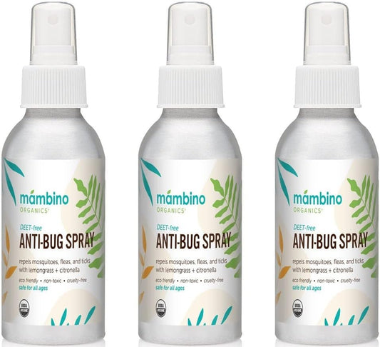 Anti-Bug Spray DEET-Free – Organic, All-Natural Bug Spray Travel Size with Essential Oils – Non-Toxic, Reef Safe, Face-Safe Bug Repellent for Babies, Kids, Adults by Mambino Organics, 4oz 3-Pack