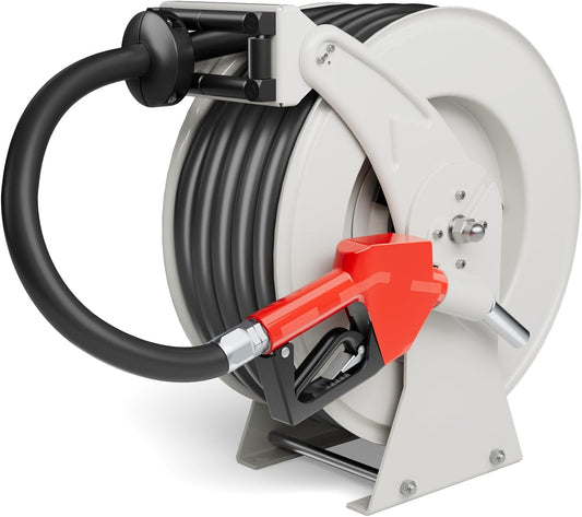 Fuel Hose Reel 3/4" x 50' Retractable with Fueling Nozzle Diesel Hose Reel 300 PSI Industrial Auto Swivel Heavy Duty Steel Construction for Farm Ship Vehicle Tank
