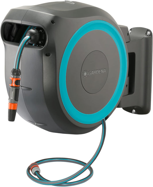 GARDENA (18630) Retractable Garden Hose Reel 115' x 1/2" Wall Mounted, Automatic Retraction & Length Lock for Easy Watering. Heavy Duty Swivel Bracket 180°, Includes Nozzle. Made in Europe