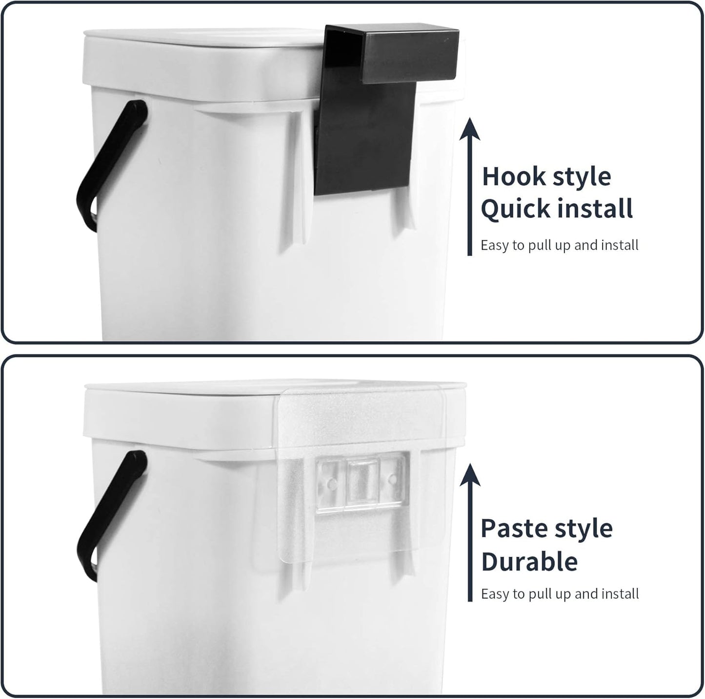 Domiella 2 Pack 1.3 + 0.8Gal Hanging Small Trash Can with Lid, Kitchen Compost Bin for Counter Top Under Sink, Sealed Food Waste Bin, Mountable Indoor Compost Bucket for Cupboard/Bathroom (White)