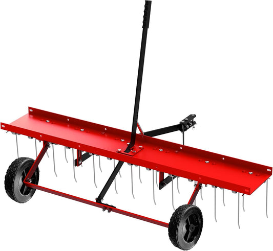 48inch Tow Behind Dethatcher with 24 Spring Steel Tines, Lawn Tractor Rakes with Lift Handle, Tow Behind Rake to Remove Thatch, Riding Lawn Mower Attachments for Outdoor Yard Tools Lawn Care