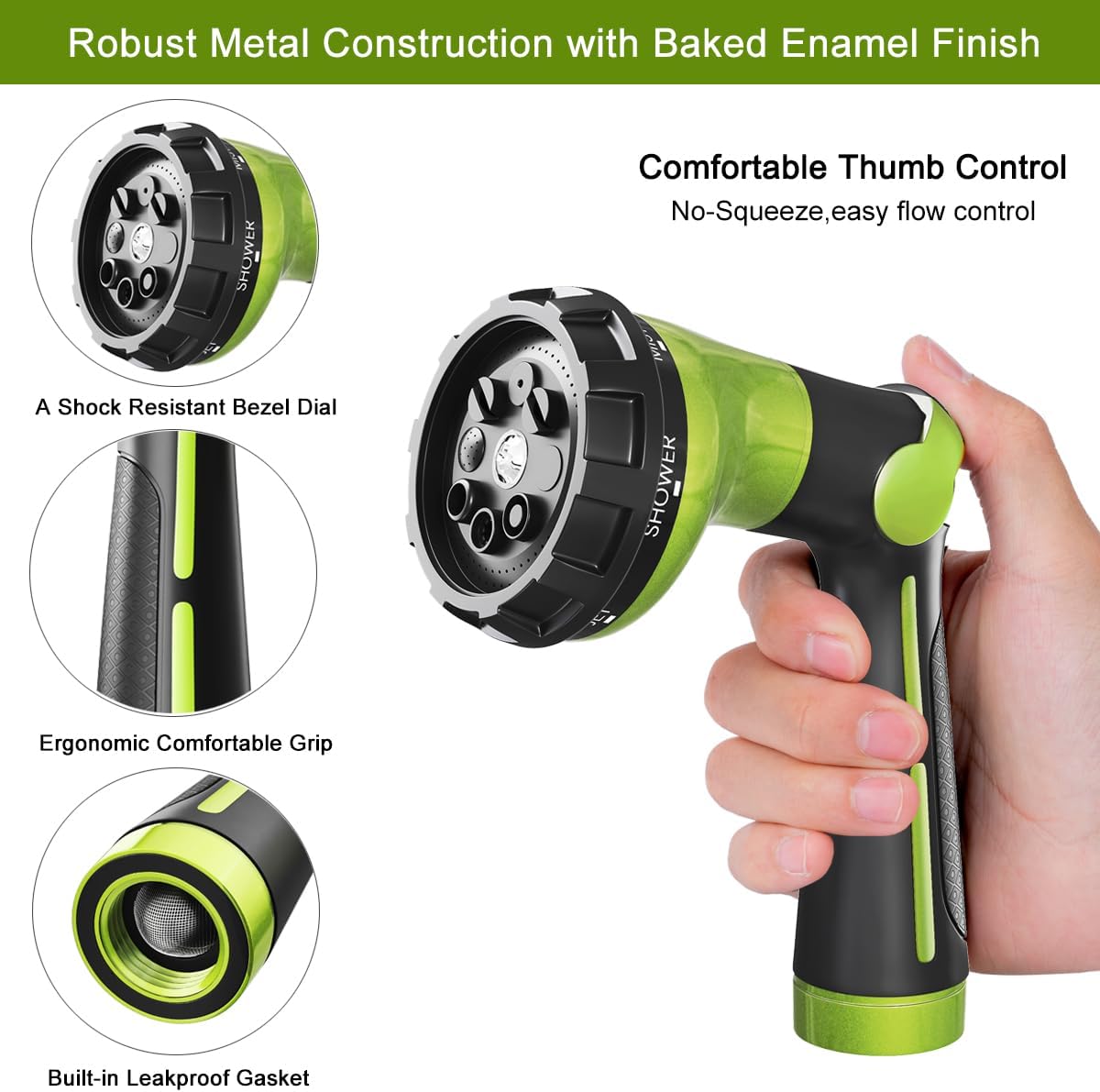 FANHAO Garden Hose Nozzle Heavy Duty, 100% Metal Water Hose Sprayer with 8 Spray Patterns, High Pressure Spray Nozzle Thumb Control On Off Valve for Lawn & Plant Watering, Car & Pet Washing - Green