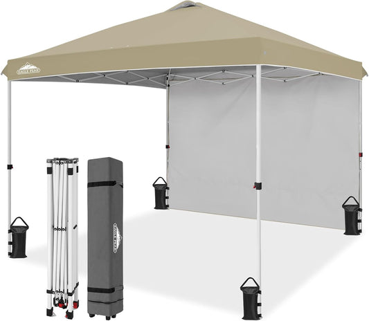 EAGLE PEAK Pop Up Canopy Tent with 1 Sidewall, Easy Setup Event Tent, Outdoor Sun Shade, Wheeled Carry Bag, Stakes and Guy Ropes, Instant Canopy 10x10, Light Beige