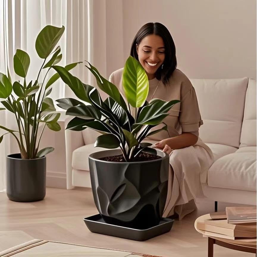 Square Plant Saucer 14 Inch 1 Pack，Plant Trays for Pots, Black Ceramic Plant Saucers for Indoors Outdoors, Plant Drip Tray 4 6 8 10 12 14 Inch