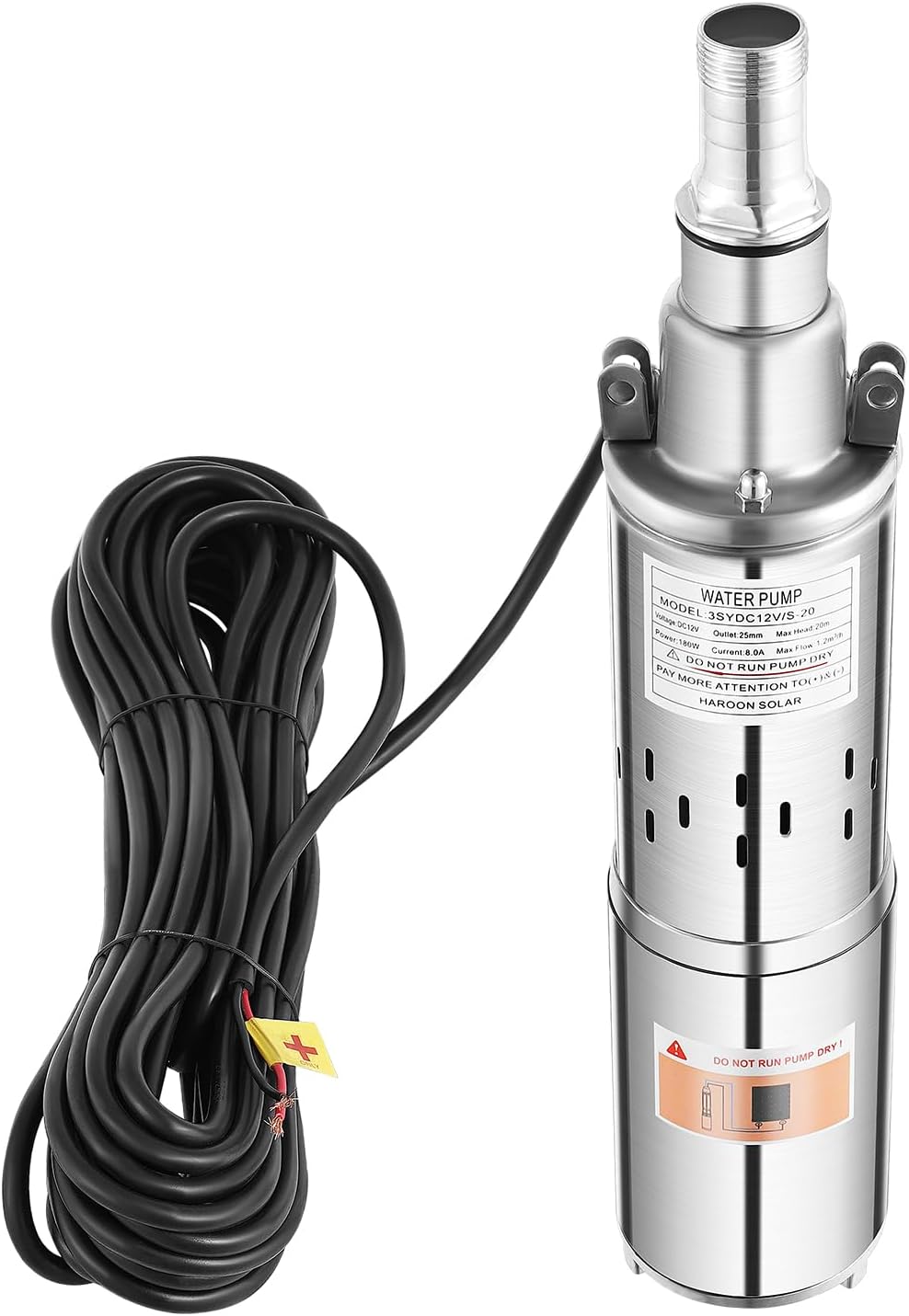 Deep Well Submersible Pump, DC 12V 180W Electric Solar Powered Water Pump 1.2m3/h Max Head 65.62ft Stainless Steel High Pressure Water Well Pump for Well, Tank Filling Farm (12V 180W)