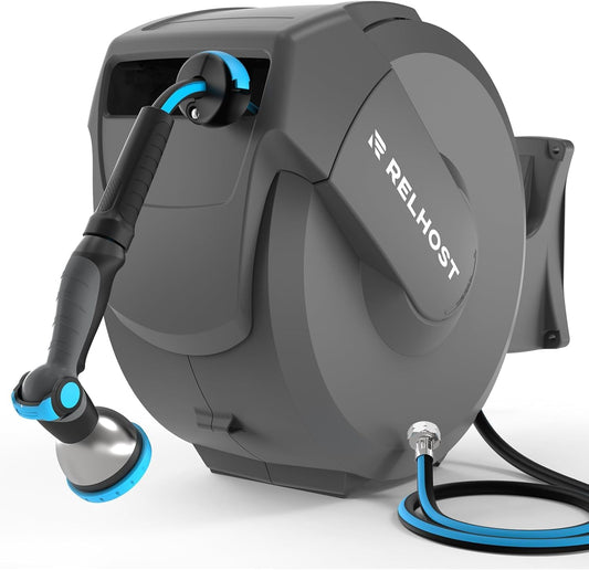 Retractable Garden Hose Reel 100 ft x 5/8 in, Heavy Duty Hose Reel Wall Mount with Any Length Lock, Auto Rewind System, 180° Swivel Bracket, 10-Pattern Garden Hose Nozzle, Dark Grey