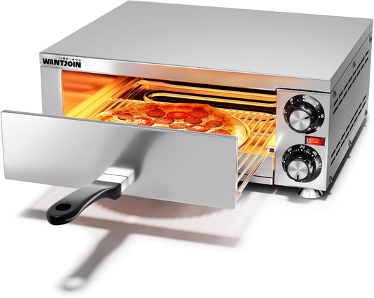 Wantjoin Pizza Oven Indoor - Electric Pizza Ovens Countertop Stainless Steel Commercial Pizza Maker Fits 12" Pizzas, With Timer Crumb Tray, 110W, For Home, Bars, Food Trucks