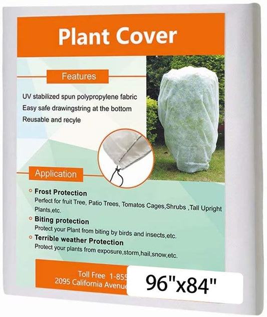 Agfabric Winter Plant Covers Freeze 96"x84" 0.9oz Freeze Cloths for Plants Plant Winter Cover Drawstring Bags Shrub Jacket Season Extension,White
