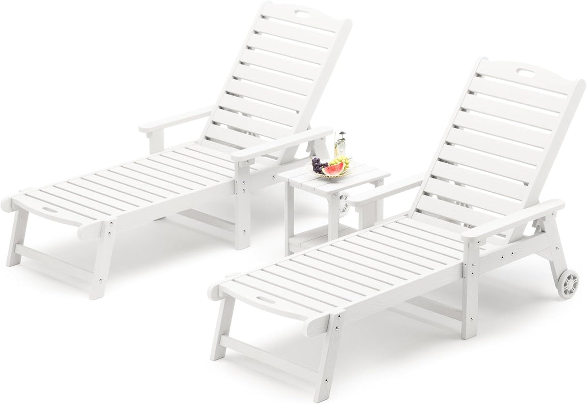 LUE BONA Chaise Lounge Chairs Set with Table, 3-Piece, 79'' Oversized HDPS Chaise Lounger, 5 Positions Adjustable Lounge Chairs, Pool Lounge Chair with Wheels for Poolside, 3 Year Warranty, White