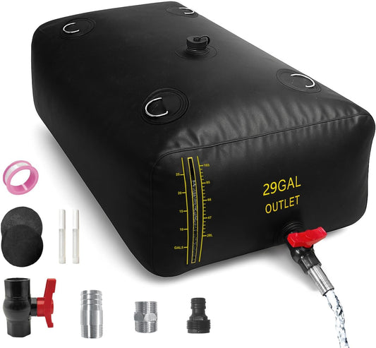 110L/29 Gal Water Bladder with Water Level Indicator, PVC Foldable and Portable Water Tank with 3 Connectors and Overflow Kit, Ideal for RV, Camping, Rainwater Collecting,Planting Watering
