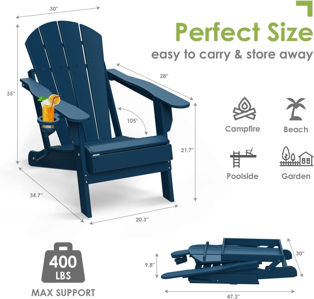 GREENVINES Folding-Adirondack-Chairs-Set-of-6 | HDPE Plastic | Fire Pit Chair | All Weather | Cup Holder | Blue | for Deck Backyard Patio Outdoor Garden