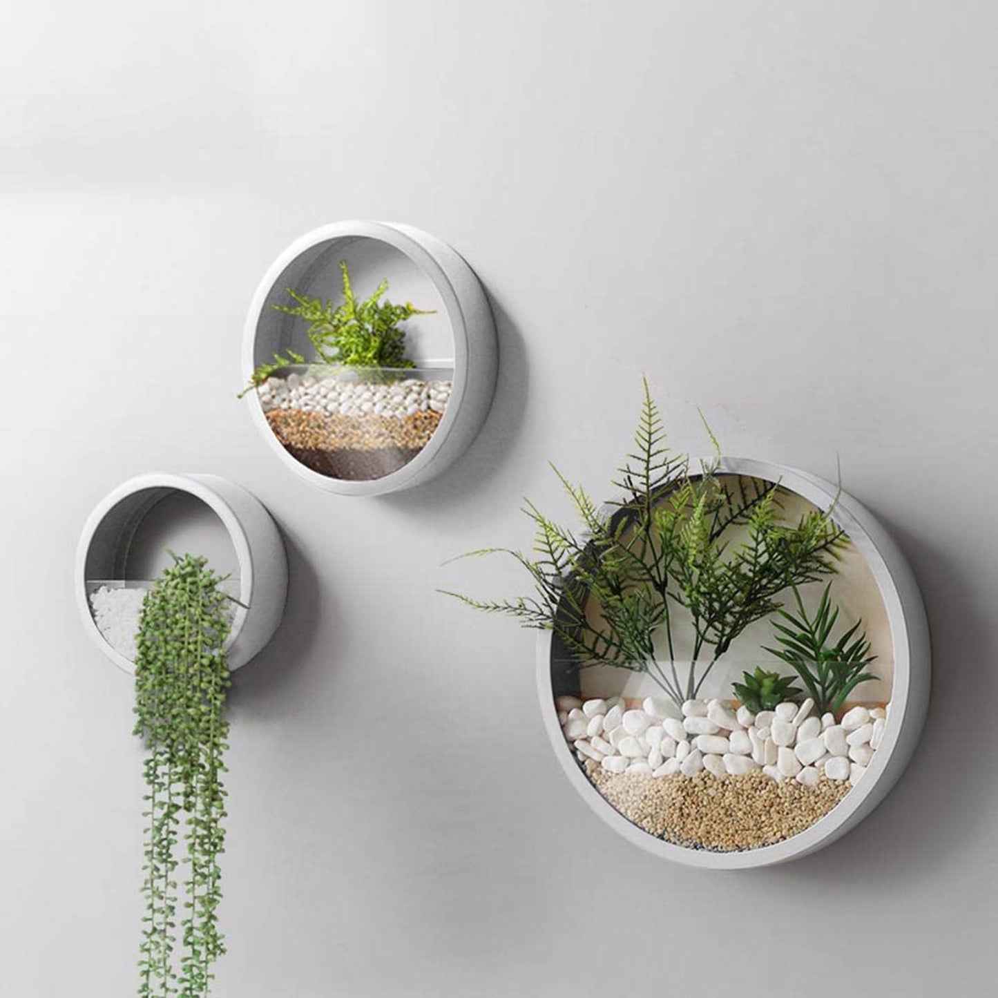 3 Pack Set Wall Planters,Modern Round Glass Wall Planter Succulent Planter Circle Iron Hanging Planter Vase for Herb,Small Cactus Perfect for Balcony, Room and Patio Decor (White)