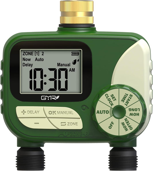 GMR Hose Timers for Watering, Sprinkler Timer Outdoor with Brass Inlet, Water Timer for Garden Hose with Rain Delay/Manual/Auto Irrigation System, Programmable Garden Hose Timer for Yard, 2 Outlet