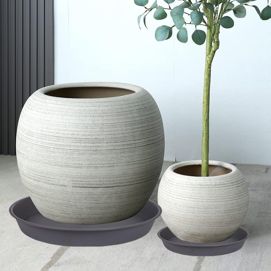 2 Pack of 14 inch Plant Saucer, Heavy Duty Round Plastic Plant Water Tray, Bird Bath Bowls, Plant Saucers for Indoors, Pot Drip Trays for Planter 12-14" (14", Cement)