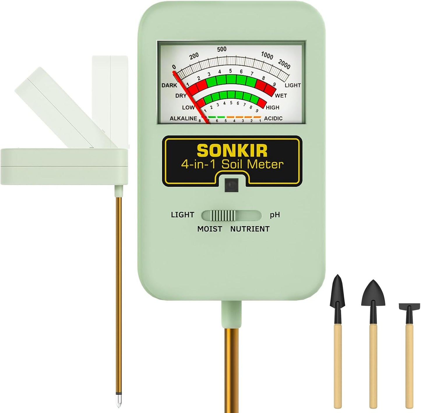 Soil Moisture Meter, 4-in-1 Soil Ph Meter, Soil Tester for Nutrients, Moisture, PH and Light, Soil Ph Test Kits for Plant, Great for Garden, Indoor & Outdoor Use (No Battery Required), Green