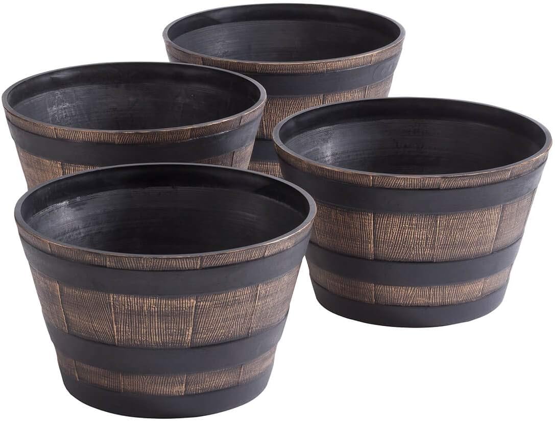 Fox Valley Traders Wood-Look Barrel Planters, Lightweight Durable Plastic, Outdoor Décor, Rustic – Measures 8” High x 13” Diameter