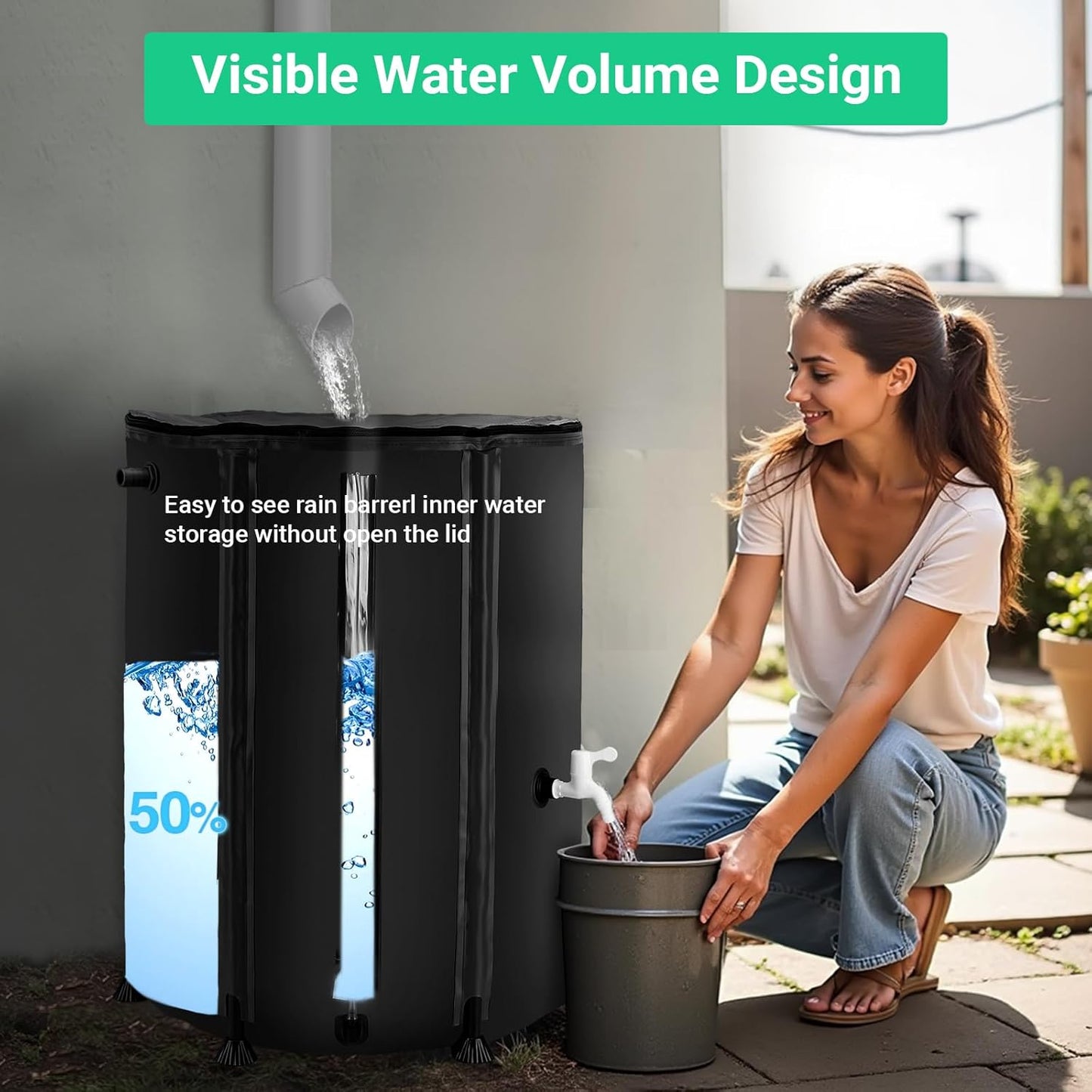 50 Gallon / 200L Collapsible Rain Barrel, Foldable PVC Rain Barrels to Collect Rainwater from Gutter, Portable Water Storage Tank Container with Hose Spigot, Water Catcher Collector Black