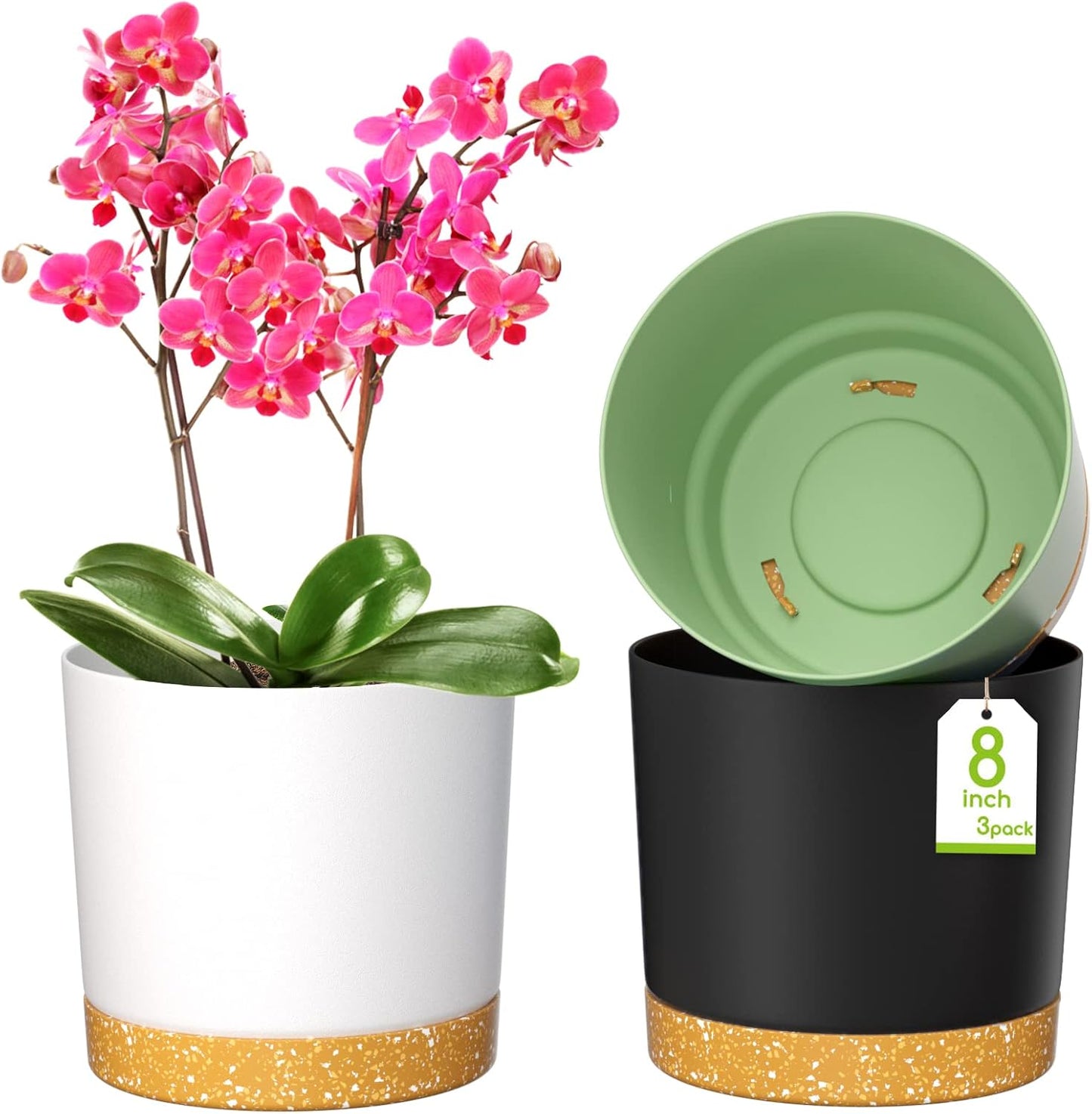 ZMTECH Plant Pots, Set of 3 8'' Self Watering Plastic Planter with Drainage Hole and Saucer, Modern Decorative Flower Pot for Indoor Outdoor House Plants, Succulents, Flowers - Dark Gray/White/Green