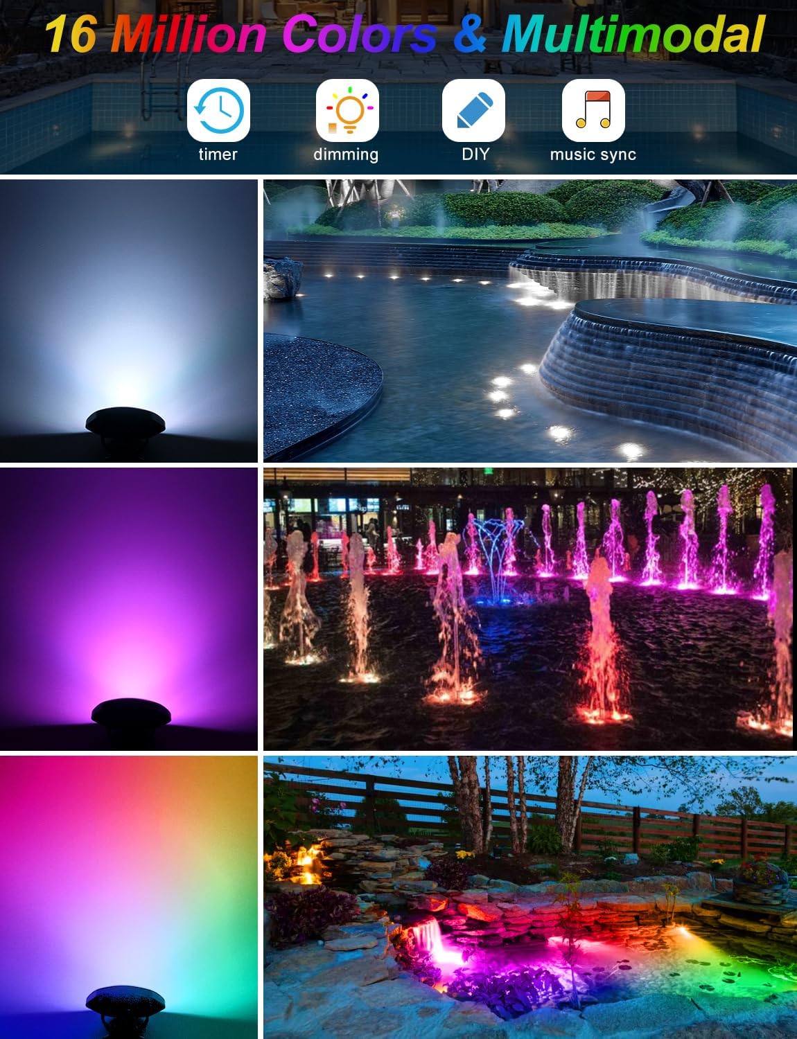 RGB Underwater Pond Lights, Super Bright 18 LED Submersible Fountain Lights Color Changing Spotlights, Bluetooth APP Control IP68 Waterproof for Fish Aquarium Tank Garden Yard Pool(Set of 10)