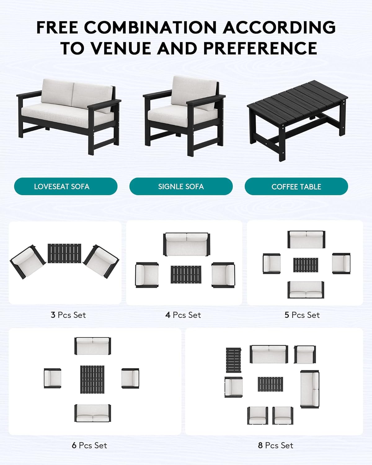 SERWALL 4-Piece Outdoor Patio Sofa Set, HDPE All-Weather Loveseat Sofa with Cushions & Coffee Table, Black Frame & Khaki Cushions