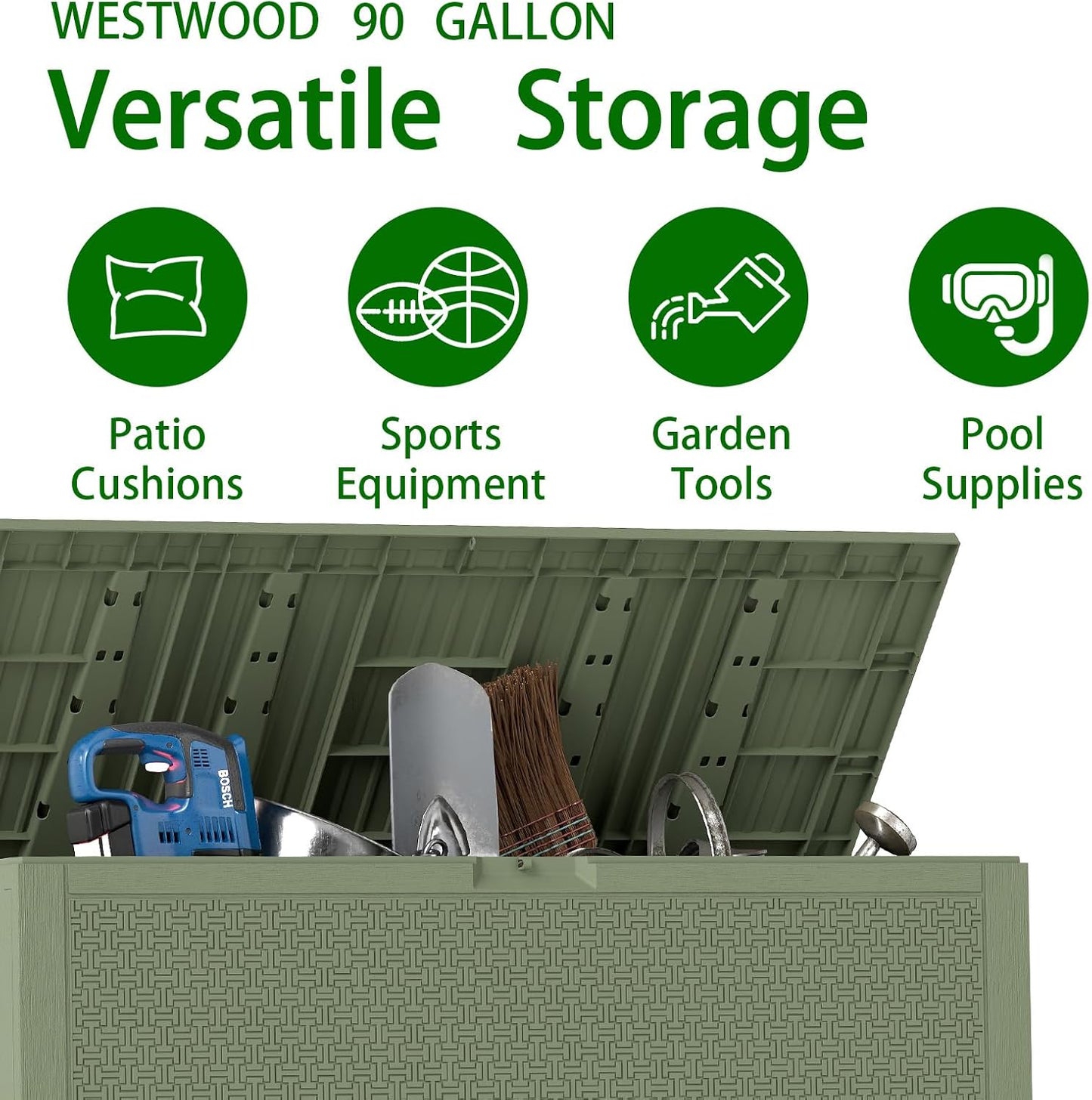 Outdoor Storage Box, 90 Gallon Deck Box, Waterproof Resin Storage Bin for Patio Cushions, Gardening Tools, Lockable, UV Resistant,Olive Green